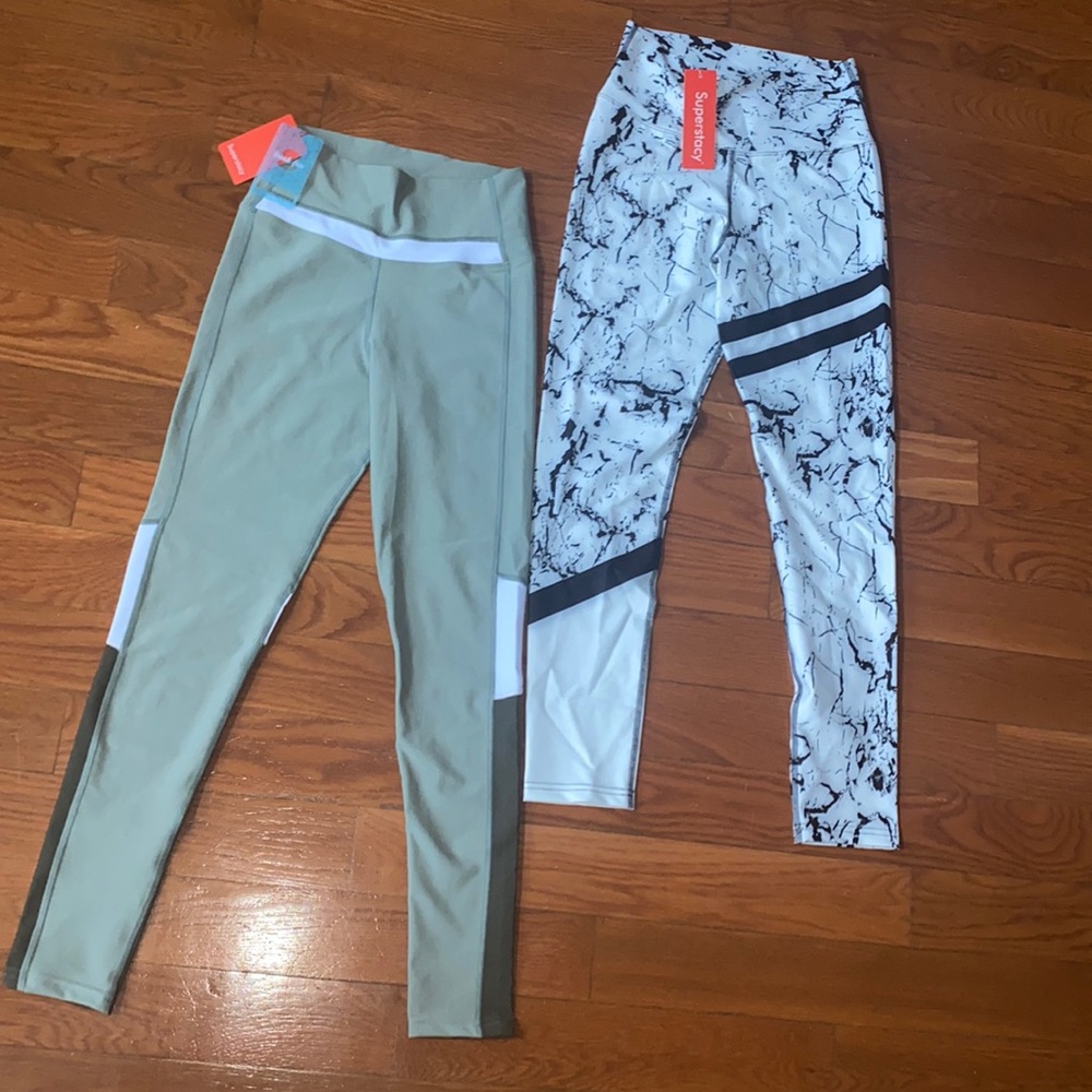 SuperStacy 2 Pair of Workout Pants Marble Print & Olive Greens